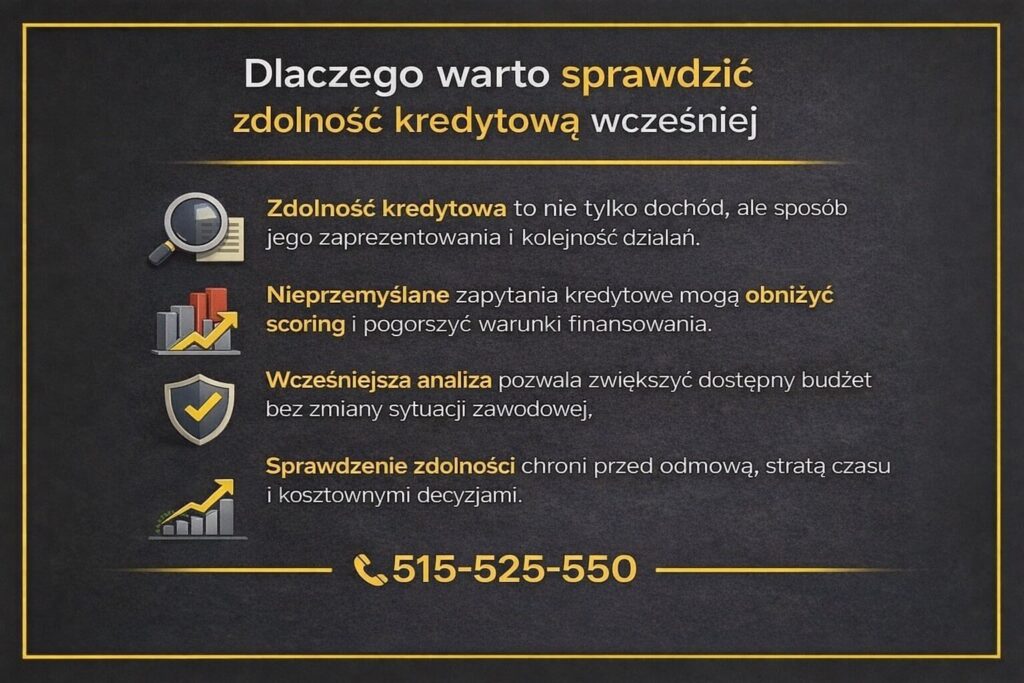 Zdolność kredytowa wojskowych przy kredycie mieszkaniowym - infografika pokazująca znaczenie prezentacji dochodu, kolejności działań, wpływ zapytań kredytowych na scoring oraz korzyści wynikające z wcześniejszej analizy przed złożeniem wniosku.