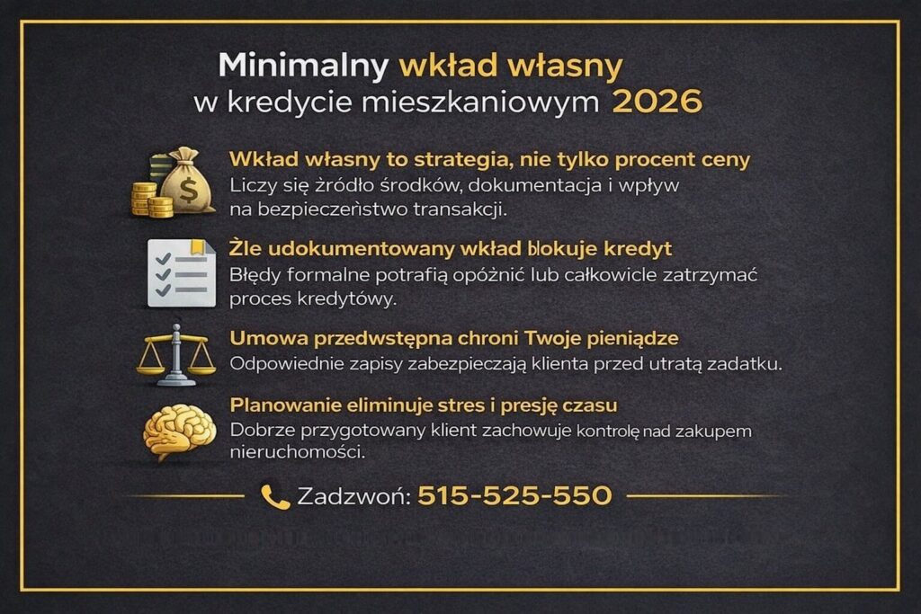 Minimalny wkład własny w kredycie mieszkaniowym 2026 przedstawiony na grafice jako element strategii zakupu nieruchomości, uwzględniający źródło środków, poprawną dokumentację, umowę przedwstępną oraz wpływ przygotowania na bezpieczeństwo transakcji.
