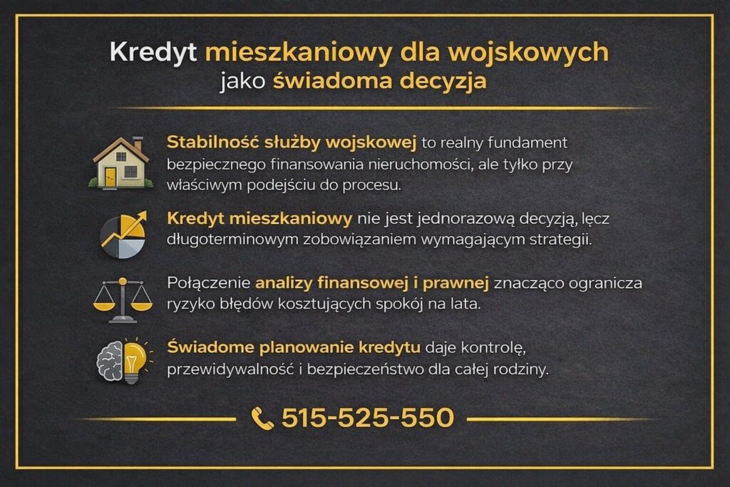 Świadomy kredyt mieszkaniowy dla żołnierzy - grafika pokazująca, że stabilność służby jest fundamentem finansowania, ale kluczowe znaczenie ma strategia, analiza finansowo-prawna oraz planowanie długoterminowego bezpieczeństwa rodziny.