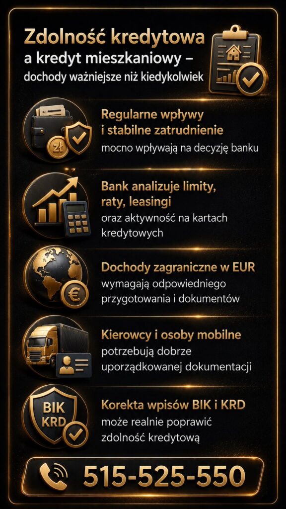 Kredyt mieszkaniowy i zdolność kredytowa – grafika prezentująca wpływ dochodów, historii BIK, leasingów, kart kredytowych oraz dochodów w EUR na decyzję banku. Profesjonalne doradztwo kredytowe dla kierowców, osób mobilnych i klientów zagranicznych.