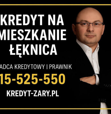Grafika reklamowa „Kredyt na mieszkanie – Łęknica”. Czarne tło z żółtą ramką, po prawej portret doradcy w garniturze; po lewej nagłówek, numer 515-525-550 i adres kredyt-zary.pl. Oferta pomocy w uzyskaniu kredytu mieszkaniowego z pełnym wsparciem prawnym.