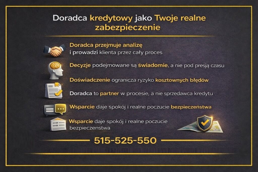 Infografika przedstawiająca znaczenie doradcy kredytowgo Łęknica pomagającego zabezpieczyć transakcję jak i kredyt hipoteczny