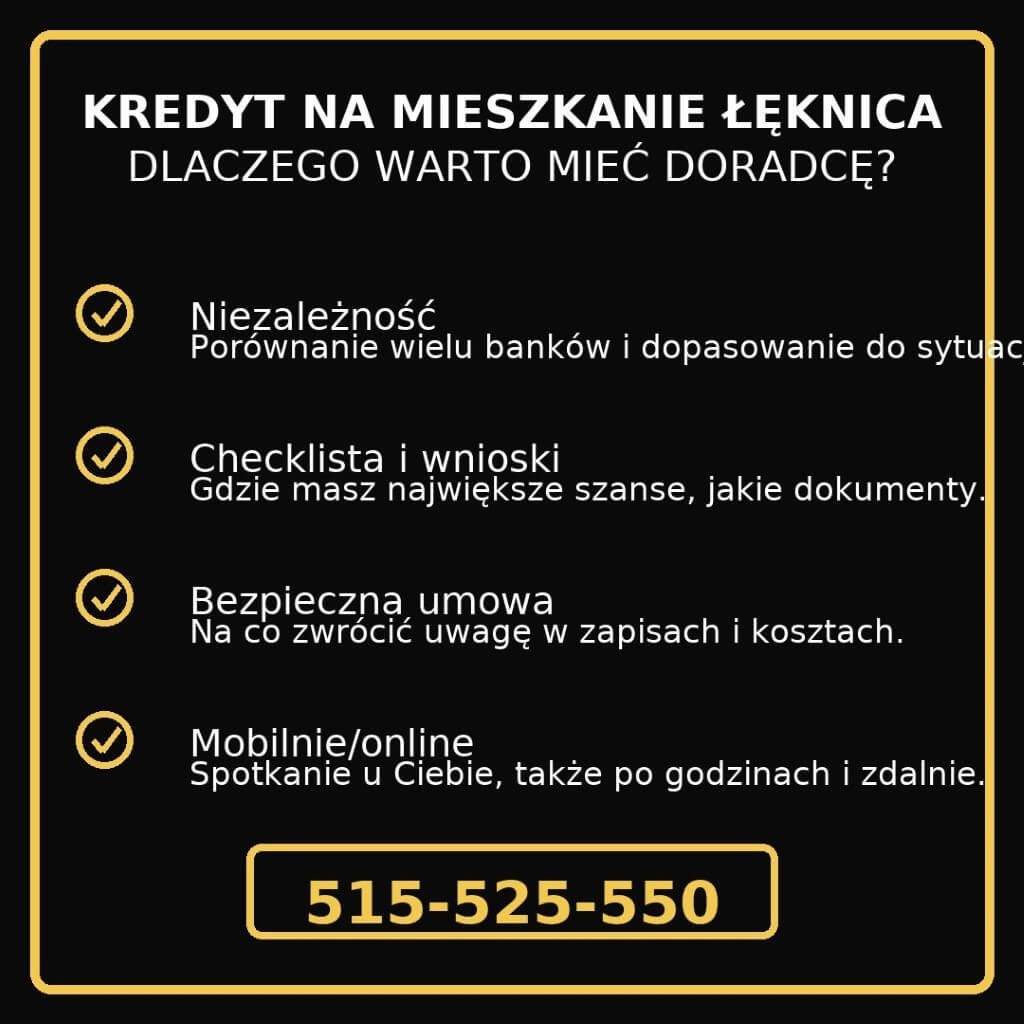 Infografika „Kredyt na mieszkanie Łęknica: dlaczego warto mieć doradcę?”. Punkty: niezależne porównanie banków, checklista i wnioski, bezpieczna umowa, obsługa mobilnie/online. Czarne tło, żółta ramka, CTA z numerem 515-525-550.
