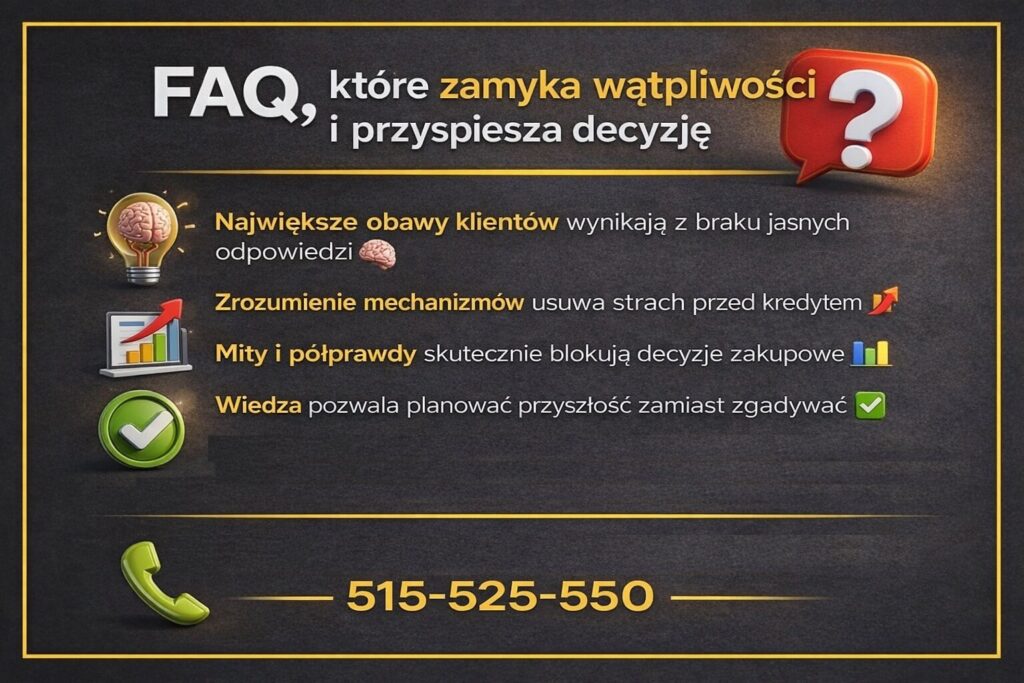 FAQ odpowiadające na najczęstsze pytania dotyczące kredytu na mieszkanie Łęknica. Infografika wyjaśnia mechanizmy finansowe, obala mity kredytowe i pomaga klientom podejmować decyzje w oparciu o wiedzę, a nie domysły czy presję czasu.