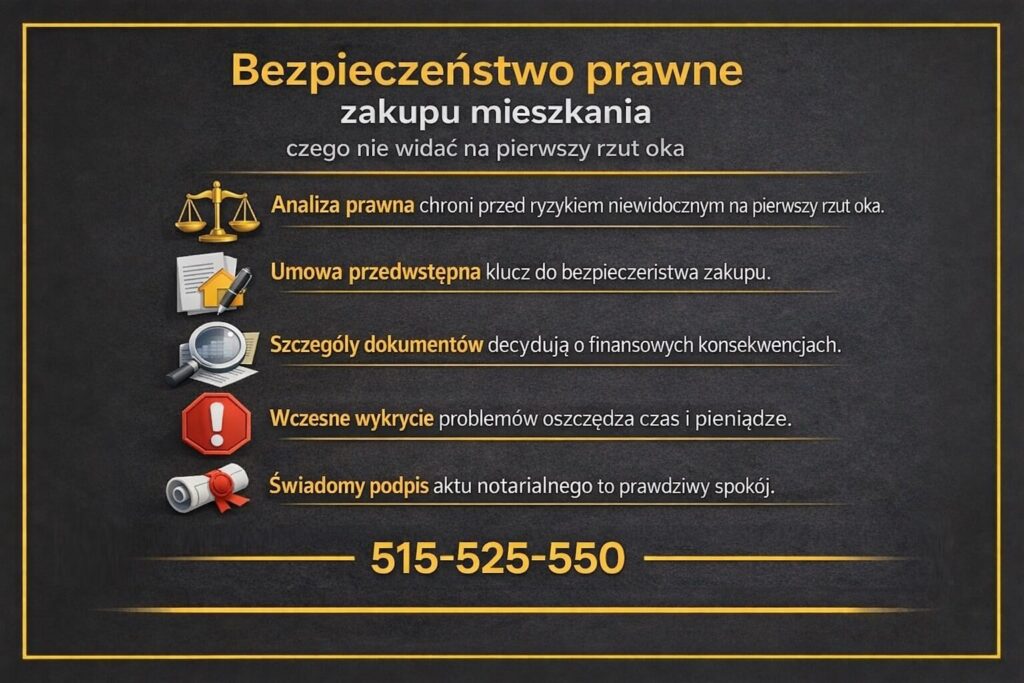 Bezpieczeństwo prawne przy zakupie mieszkania finansowanego kredytem w Łęknicy. Grafika przedstawia analizę umów, znaczenie umowy przedwstępnej oraz wczesne wykrywanie ryzyk, które chronią klienta przed kosztownymi konsekwencjami prawnymi.
