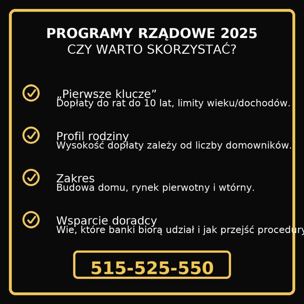 Plansza „Programy rządowe 2025 – czy warto skorzystać?”. Wyróżnione: „Pierwsze klucze” z dopłatą do rat, profil rodziny a wysokość dopłaty, zakres (budowa, rynek pierwotny i wtórny), wsparcie doradcy. Minimalistyczne ikony, żółta obwódka, CTA 515-525-550.