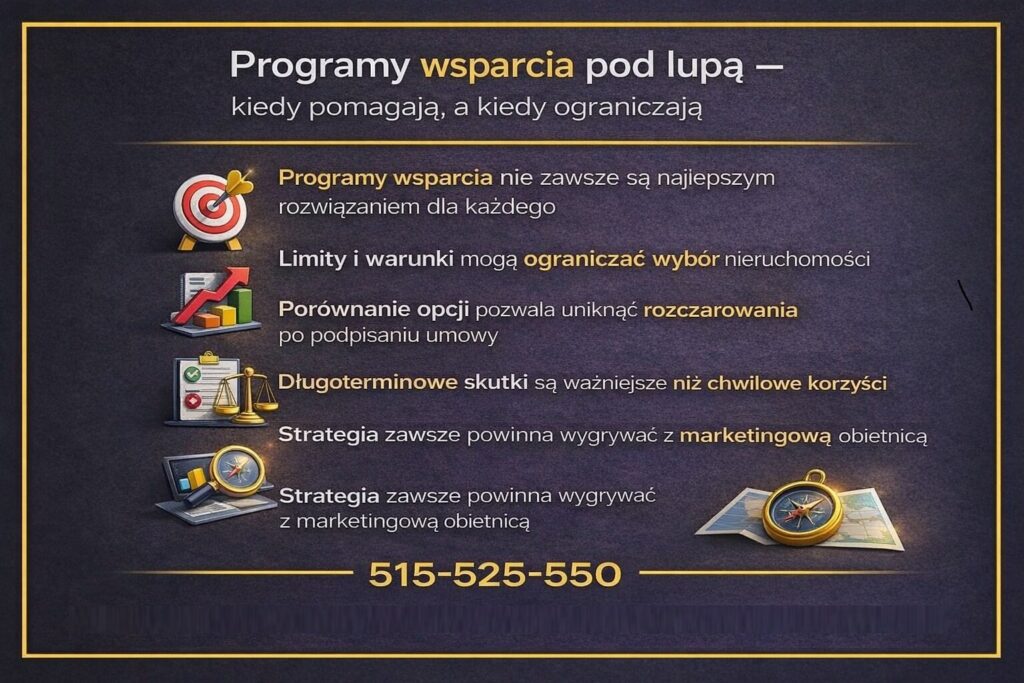 Programy wsparcia przy zakupie mieszkania w Łęknicy pokazane bez marketingowych obietnic. Grafika wyjaśnia ograniczenia, limity i długoterminowe skutki, podkreślając znaczenie porównania opcji i strategicznego podejścia do finansowania.