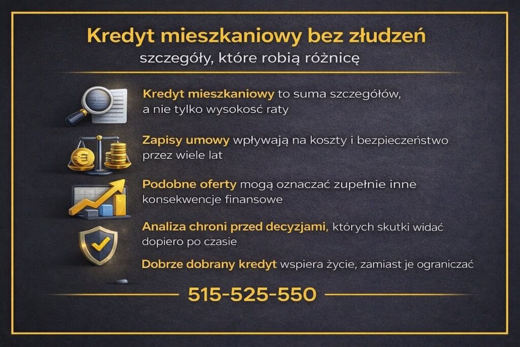 Szczegóły kredytu mieszkaniowego w Łęknicy, które mają realny wpływ na koszty i bezpieczeństwo. Infografika pokazuje znaczenie zapisów umowy, różnice między podobnymi ofertami oraz rolę analizy w ochronie przed niekorzystnymi decyzjami.