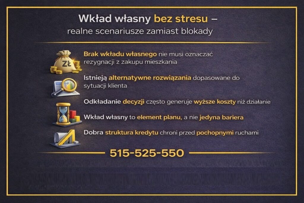 Wkład własny przy finansowaniu zakupu mieszkania w Łęknicy przedstawiony bez mitów i presji. Grafika pokazuje alternatywne rozwiązania, znaczenie struktury kredytu oraz fakt, że brak wkładu nie zawsze oznacza rezygnację z zakupu.