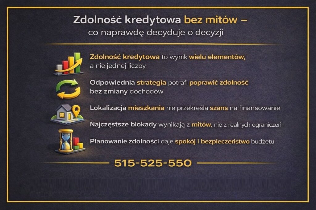Zdolność kredytowa przy zakupie mieszkania w Łęknicy pokazana jako wynik wielu czynników, a nie jednej liczby. Infografika wyjaśnia rolę strategii, planowania i obalania mitów, które często niepotrzebnie blokują decyzje kredytowe.