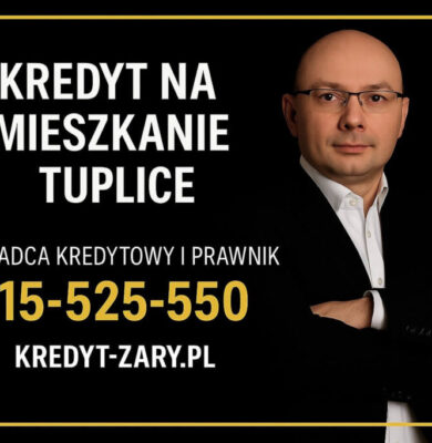 Doradca kredytowy i prawnik prezentujący ofertę – kredyt na mieszkanie Tuplice, czarne tło ze złotą ramką, numer telefonu 515-525-550.