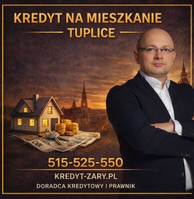 Doradca kredytowy i prawnik prezentujący ofertę kredytu na mieszkanie w Tuplicach. Grafika przedstawia eksperta finansowego, symbol domu, pieniądze oraz klucze do nieruchomości. Ilustracja podkreśla bezpieczny kredyt hipoteczny, analizę zdolności kredytowej i profesjonalne doradztwo.
