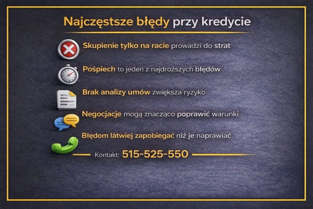 Kredyt na mieszkanie Tuplice - grafika edukacyjna pokazująca najczęstsze błędy popełniane przy zaciąganiu kredytu mieszkaniowego, takie jak pośpiech, brak analizy umów, skupienie wyłącznie na racie oraz pomijanie negocjacji warunków finansowych.