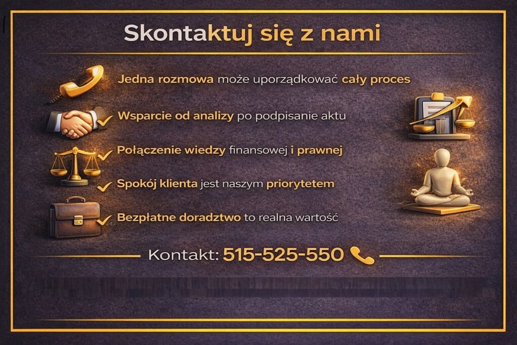 Kredyt na mieszkanie Tuplice - grafika kontaktowa zachęcająca do rozmowy z doradcą kredytowym i prawnikiem, podkreślająca wsparcie od analizy sytuacji po podpisanie aktu oraz bezpieczeństwo decyzji finansowych klienta.