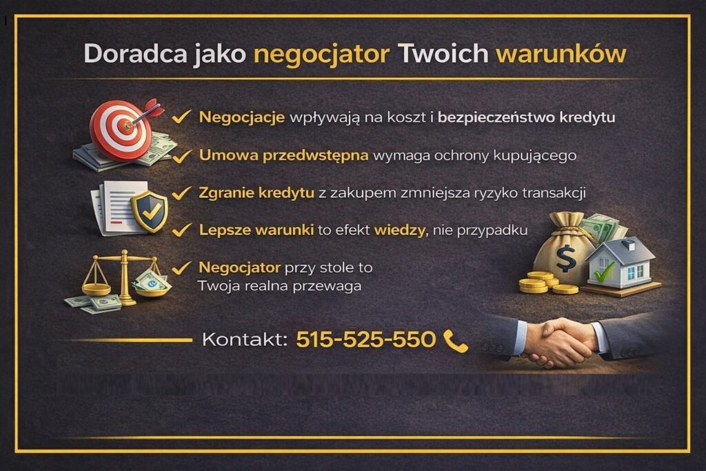 Pomoc w uzyskaniu kredytu mieszkaniowego Tuplice - infografika prezentująca rolę doradcy jako negocjatora, który wpływa na koszty, bezpieczeństwo transakcji, zapisy umów oraz realne warunki kredytu hipotecznego.