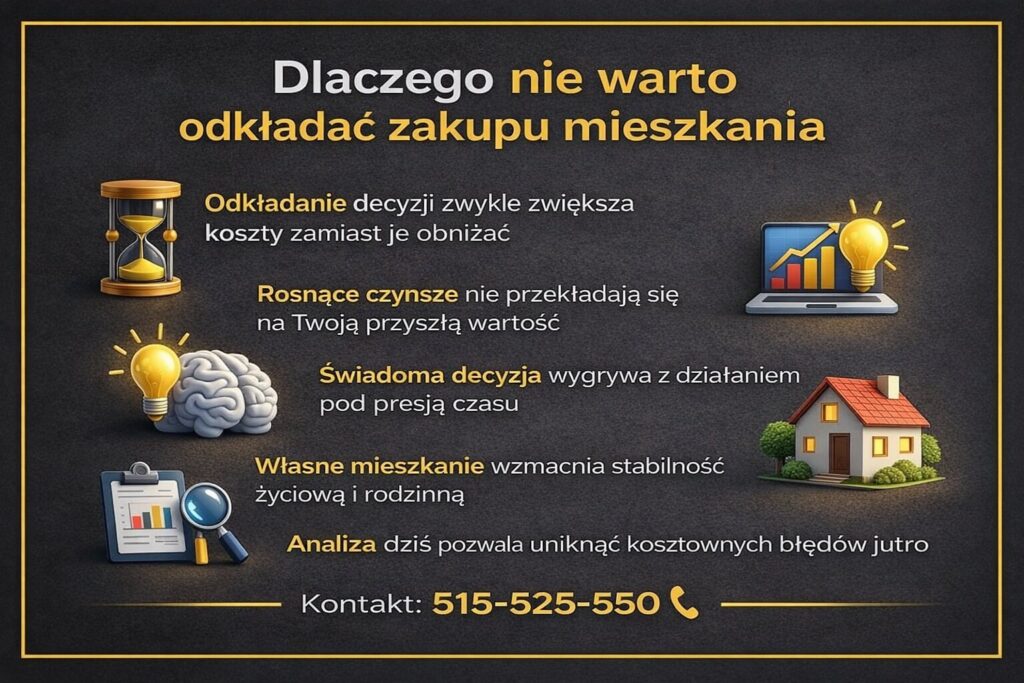 Kredyt na mieszkanie Tuplice przedstawiony w formie infografiki - własne mieszkanie jako źródło stabilności, rata budująca majątek oraz znaczenie połączenia finansów i prawa. Grafika pokazuje, dlaczego dobrze dobrany kredyt zmniejsza ryzyko i daje spokój.
