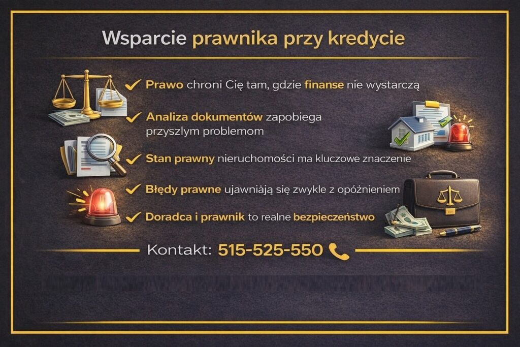 Bezpieczny kredyt mieszkaniowy w Tuplicach - infografika przedstawiająca rolę prawnika w analizie dokumentów, ocenie stanu prawnego nieruchomości oraz zapobieganiu problemom, które często ujawniają się dopiero po czasie.