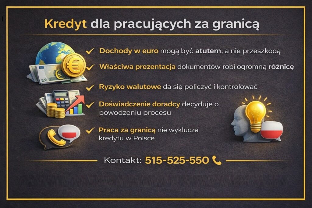 Kredyt na mieszkanie Tuplice dla osób pracujących za granicą - grafika informacyjna pokazująca dochody w euro, ryzyko walutowe i znaczenie właściwej prezentacji dokumentów. Materiał podkreśla, że praca poza Polską nie wyklucza bezpiecznego kredytu.