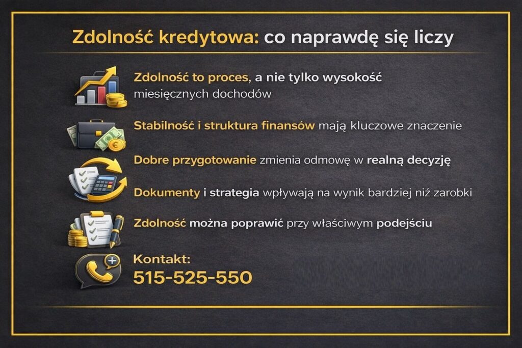 Zdolność kredytowa w procesie kredyt na mieszkanie Tuplice - infografika pokazująca, że liczą się nie tylko dochody, ale stabilność finansów, dokumenty i strategia działania. Grafika edukacyjna wyjaśniająca, jak przygotowanie zwiększa realne szanse na decyzję banku.