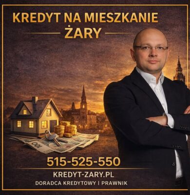 Doradca kredytowy i prawnik prezentujący ofertę kredytu na mieszkanie w Żarach. Grafika pokazuje eksperta finansowego, dom jednorodzinny, pieniądze oraz panoramę miasta. Profesjonalne wsparcie przy kredycie hipotecznym, analizie zdolności i bezpiecznym zakupie nieruchomości.