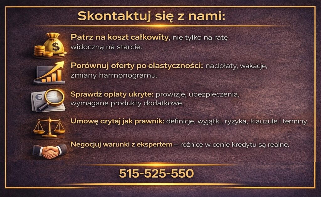 Kredyt na mieszkanie Żary - grafika kontaktowa z ikonami kosztu całkowitego, elastyczności oferty, analizy umowy i negocjacji. Materiał pokazuje, jak świadomie porównywać kredyty mieszkaniowe, unikać ukrytych opłat i podejmować bezpieczne decyzje finansowe z pomocą eksperta.
