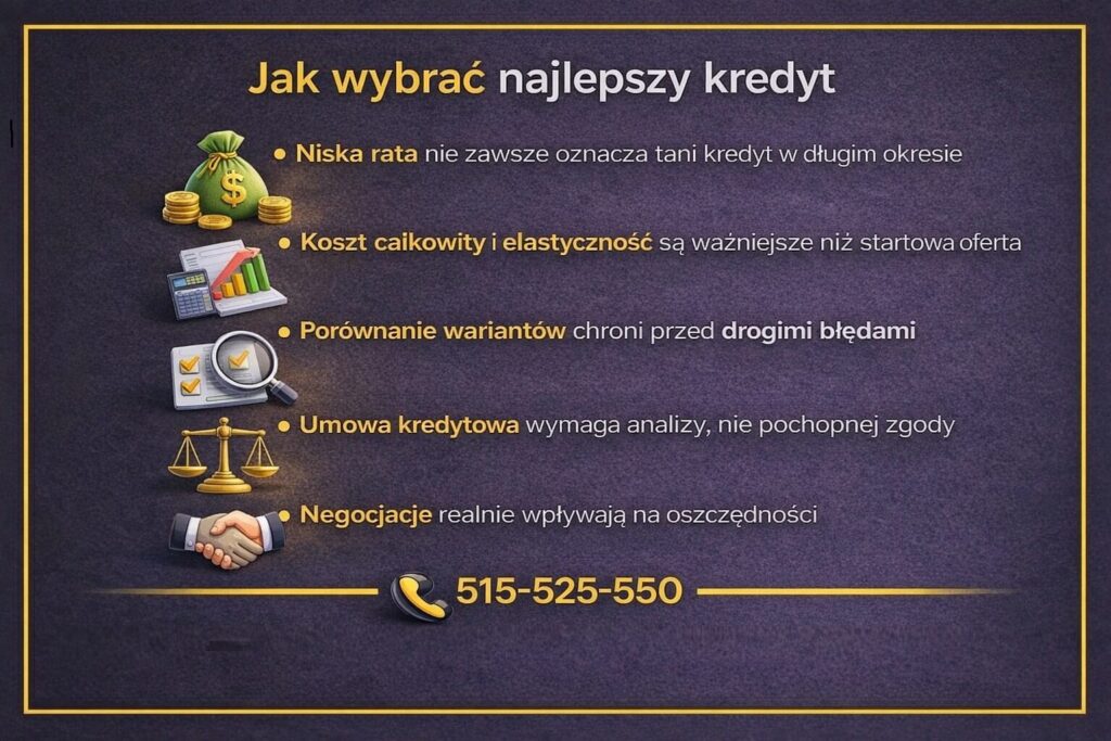 Kredyt na mieszkanie Żary - infografika pokazująca, że niska rata nie zawsze oznacza tani kredyt. Grafika podkreśla znaczenie kosztu całkowitego, elastyczności spłaty, analizy umowy oraz negocjacji warunków, które realnie wpływają na bezpieczeństwo i opłacalność finansowania.