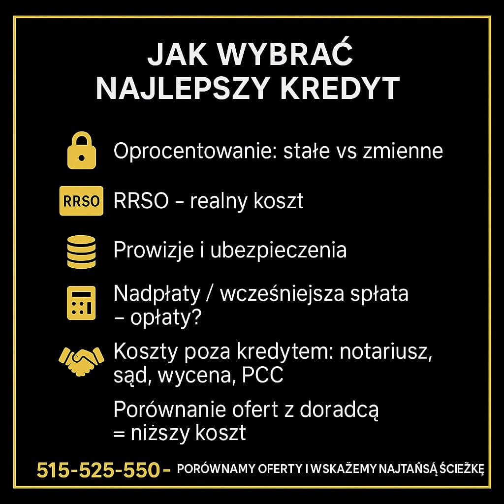 Złoto-czarna infografika „Jak wybrać najlepszy kredyt” z listą kluczowych kryteriów: oprocentowanie stałe vs zmienne, RRSO, prowizje i ubezpieczenia, opłaty za nadpłaty, koszty notarialne i PCC, porównanie ofert z doradcą. Temat: kredyt na mieszkanie Żary, niższy koszt.