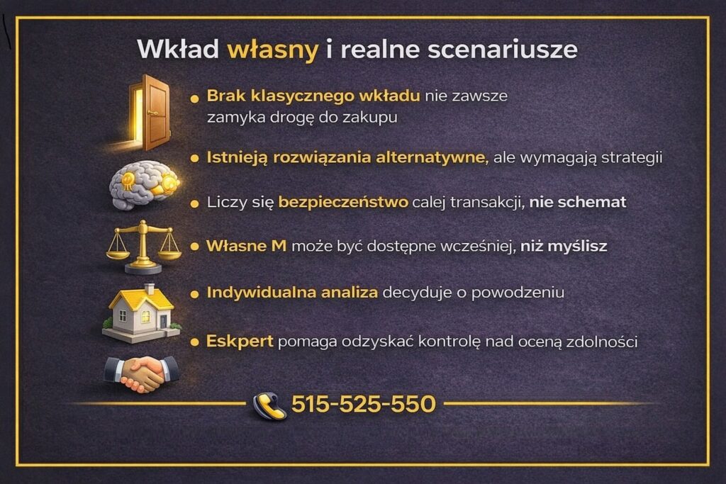 Zakup mieszkania w Żarach bez klasycznego wkładu własnego - grafika omawiająca realne scenariusze finansowania. Alternatywne rozwiązania, znaczenie bezpieczeństwa transakcji, indywidualnej analizy oraz rola eksperta w planowaniu skutecznej strategii kredytowej.