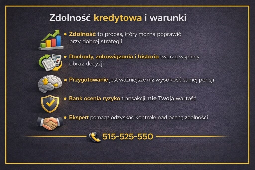Zdolność kredytowa przy zakupie mieszkania w Żarach - grafika pokazująca, że zdolność to proces możliwy do poprawy. Dochody, zobowiązania i historia kredytowa tworzą wspólny obraz, a odpowiednie przygotowanie i wsparcie eksperta zwiększają szanse na decyzję banku.