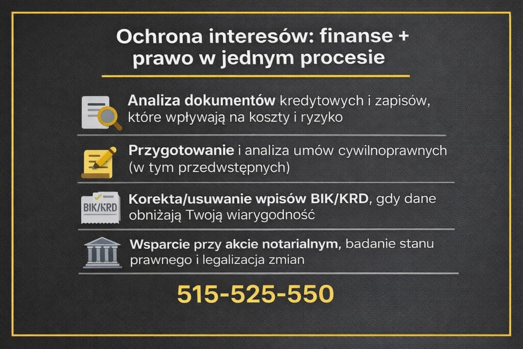 Infografika pokazująca połączenie doradztwa finansowego i prawnego w jednym procesie. Analiza dokumentów kredytowych, umów cywilnoprawnych, korekta BIK i KRD oraz wsparcie przy akcie notarialnym.