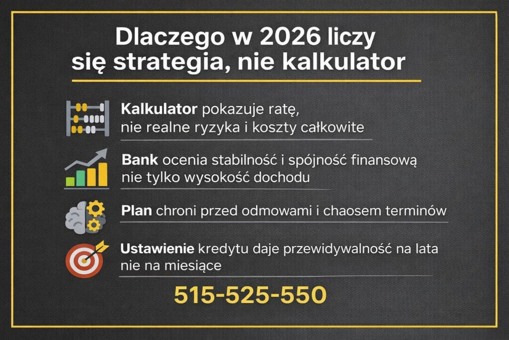Dlaczego w 2026 roku liczy się strategia kredytowa, a nie sam kalkulator. Infografika wyjaśnia, że bank ocenia stabilność finansową, spójność dochodów i plan procesu, który chroni przed odmowami i daje przewidywalność kredytu hipotecznego na lata.