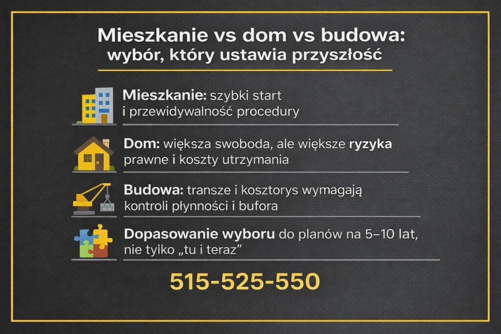 Kredyt na start Żary - porównanie mieszkania, domu i budowy domu w kontekście kredytu hipotecznego. Infografika pokazuje różnice proceduralne, ryzyka prawne, koszty utrzymania oraz znaczenie dopasowania wyboru nieruchomości do planów na 5–10 lat.