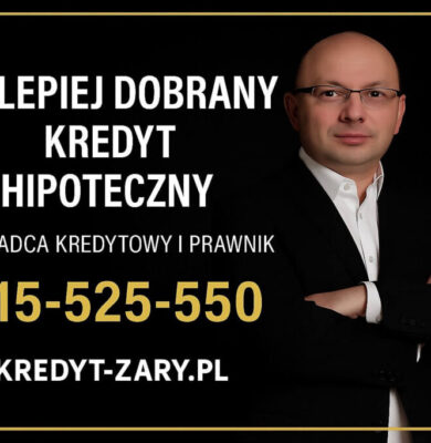 Doradca kredytowy i prawnik prezentujący ofertę – najlepiej dobrany kredyt hipoteczny, numer telefonu 515-525-550, czarne tło z złotą ramką.