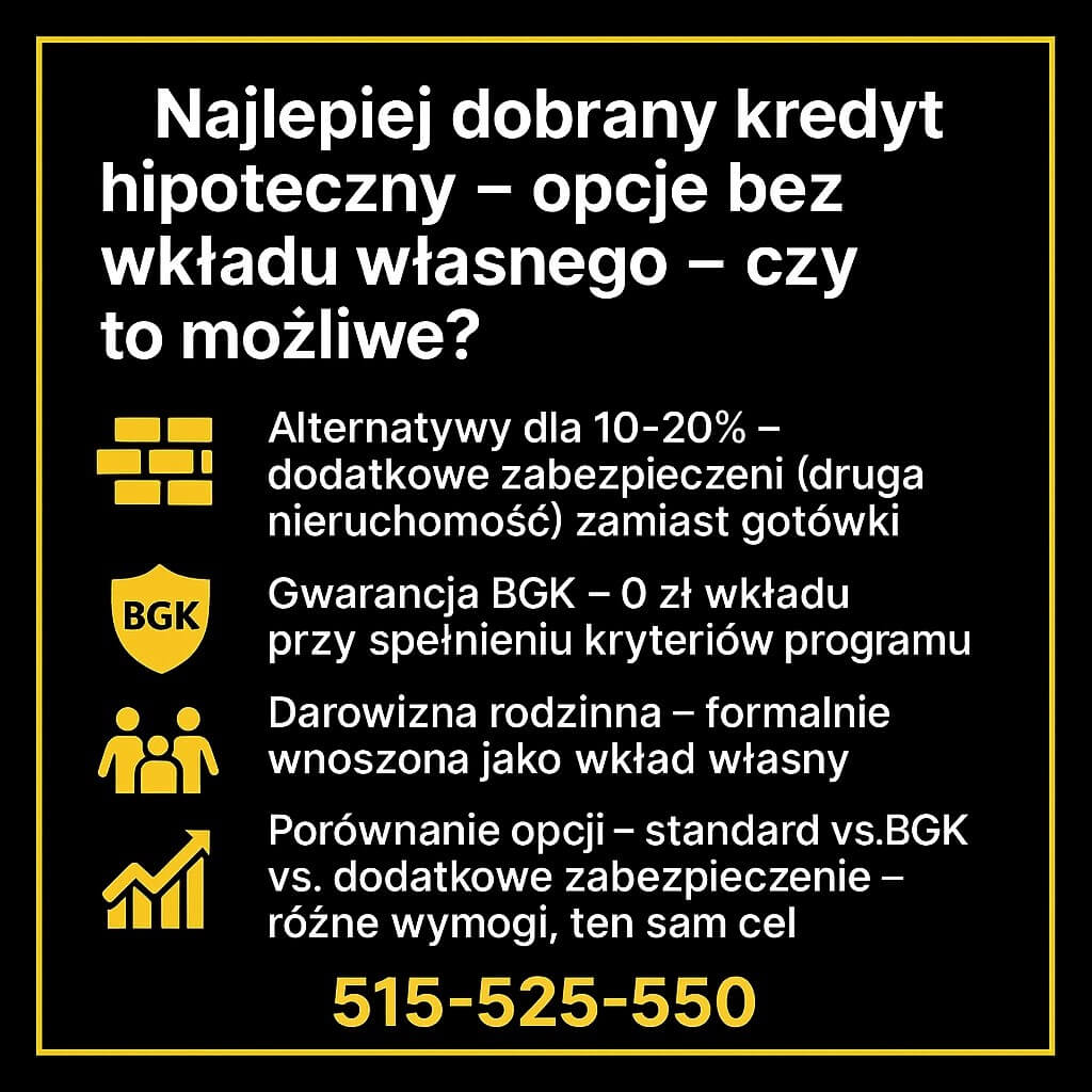 Opcje bez wkładu własnego Infografika ze złotą ramką: tytuł o kredycie hipotecznym bez wkładu własnego. Ikony cegieł, tarczy BGK, rodziny i wykresu. Wskazane alternatywy: dodatkowe zabezpieczenie, gwarancja BGK, darowizna, porównanie opcji. Telefon 515-525-550. Najlepiej dobrany kredyt hipoteczny – bez wkładu.