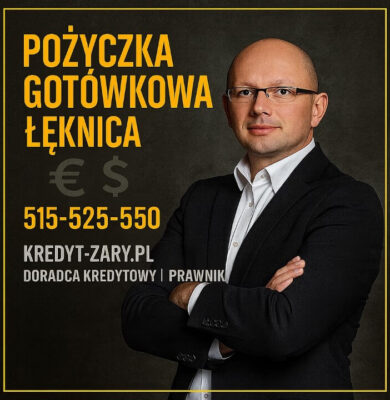 Doradca kredytowy prezentuje ofertę pożyczki gotówkowej Łęknica na eleganckiej grafice z ciemnym tłem, żółtą ramką i ikonami walut euro oraz dolara. Na obrazie widoczny jest numer telefonu 515-525-550 oraz adres kredyt-zary.pl, podkreślające profesjonalne doradztwo.