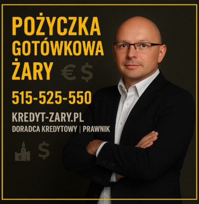 Pożyczka gotówkowa Żary 2026 przedstawiona na profesjonalnej grafice z doradcą kredytowym i prawnikiem. Kontakt 515-525-550, pomoc w analizie zdolności, wyborze najkorzystniejszej pożyczki i bezpiecznych procedurach finansowych dla mieszkańców Żar.