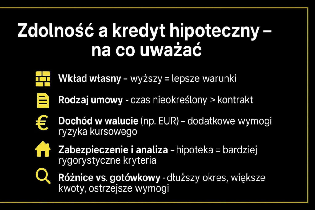 Na co uważać? Infografika o kryteriach hipotek w Żarach: znaczenie wyższego wkładu własnego, przewaga umowy na czas nieokreślony, ryzyko kursowe przy dochodzie w EUR, rygor zabezpieczenia hipotecznego, różnice względem kredytu gotówkowego.