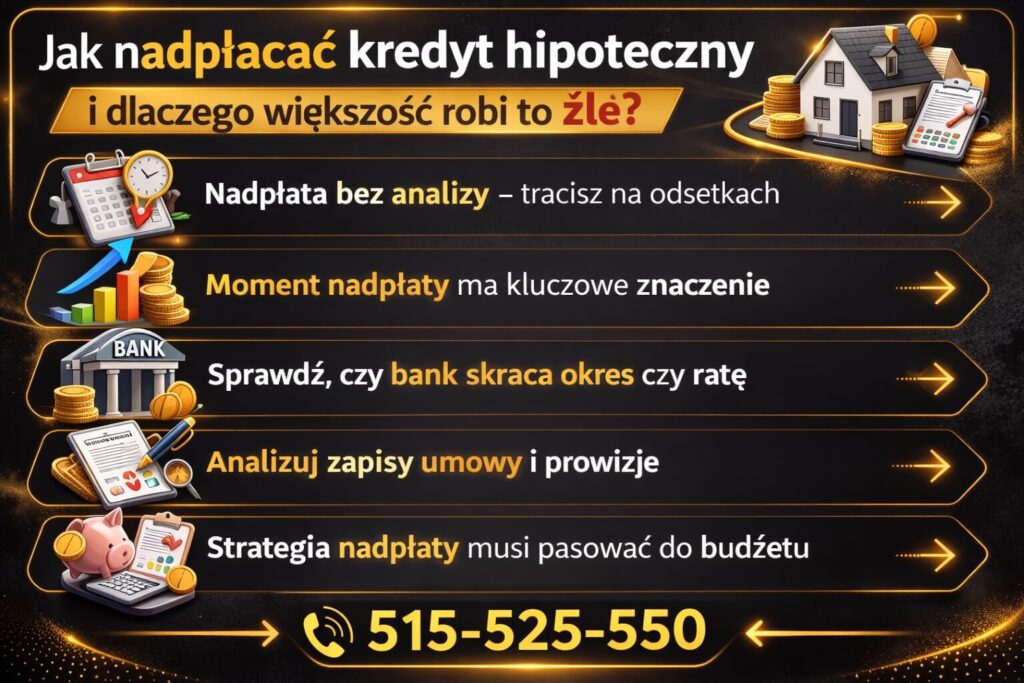 Infografika pokazująca zasady skutecznej nadpłaty kredytu mieszkaniowego oraz najważniejsze elementy strategii spłaty. Grafika przedstawia analizę umowy, znaczenie momentu nadpłaty, wybór między skróceniem okresu a zmniejszeniem raty oraz dopasowanie nadpłat do budżetu domowego.