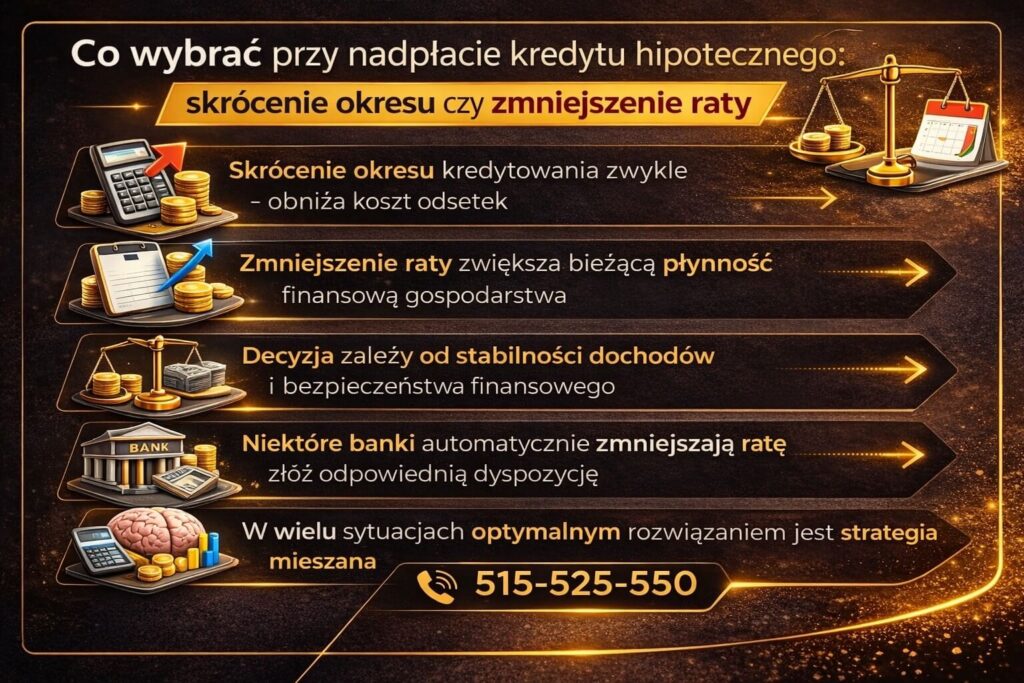 Infografika wyjaśniająca jak nadpłacać kredyt hipoteczny i co wybrać przy nadpłacie: skrócenie okresu kredytowania czy zmniejszenie raty. Grafika pokazuje wpływ obu rozwiązań na koszt odsetek, płynność finansową oraz decyzję zależną od stabilności dochodów i bezpieczeństwa budżetu domowego.
