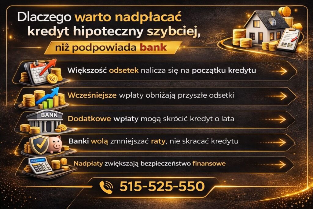Infografika pokazująca jak nadpłacać kredyt hipoteczny oraz dlaczego wcześniejsza spłata może znacząco obniżyć koszt finansowania. Grafika wyjaśnia, że największa część odsetek przypada na początek kredytu, a wcześniejsze nadpłaty skracają okres spłaty i poprawiają bezpieczeństwo finansowe.