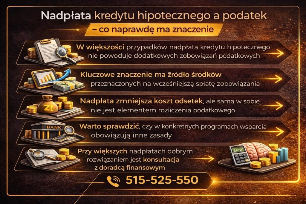 Infografika wyjaśniająca jak nadpłacać kredyt hipoteczny w kontekście podatków i wcześniejszej spłaty zobowiązania. Grafika pokazuje, że nadpłata zwykle nie generuje obowiązków podatkowych, ale znaczenie ma źródło środków oraz zasady programów wsparcia i zapisów umowy kredytowej.