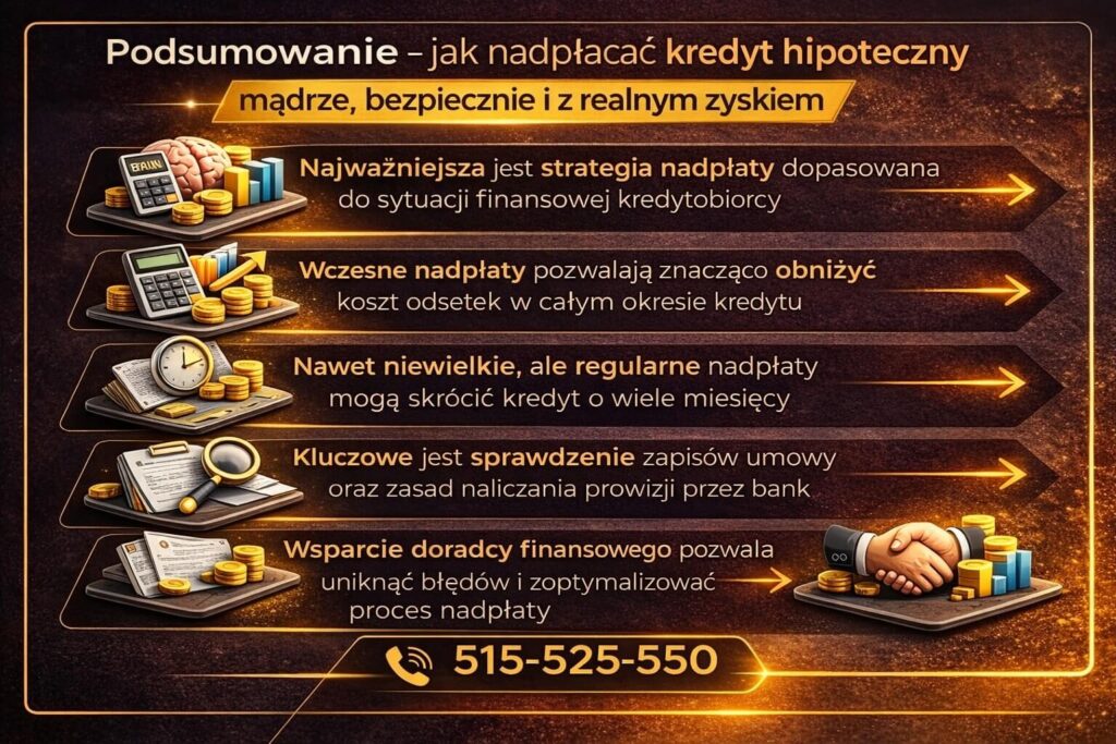 Infografika podsumowująca jak nadpłacać kredyt hipoteczny w sposób bezpieczny i opłacalny finansowo. Grafika pokazuje znaczenie strategii dopasowanej do budżetu kredytobiorcy, korzyści z wcześniejszych nadpłat oraz konieczność sprawdzenia zapisów umowy i zasad naliczania prowizji.