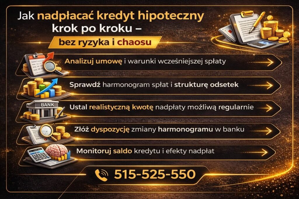 Infografika pokazująca sposób nadpłacania kredytu hipotecznego krok po kroku. Grafika wyjaśnia analizę umowy kredytowej, sprawdzenie harmonogramu spłat i struktury odsetek, ustalenie realnej kwoty nadpłaty oraz konieczność złożenia dyspozycji zmiany harmonogramu w banku.