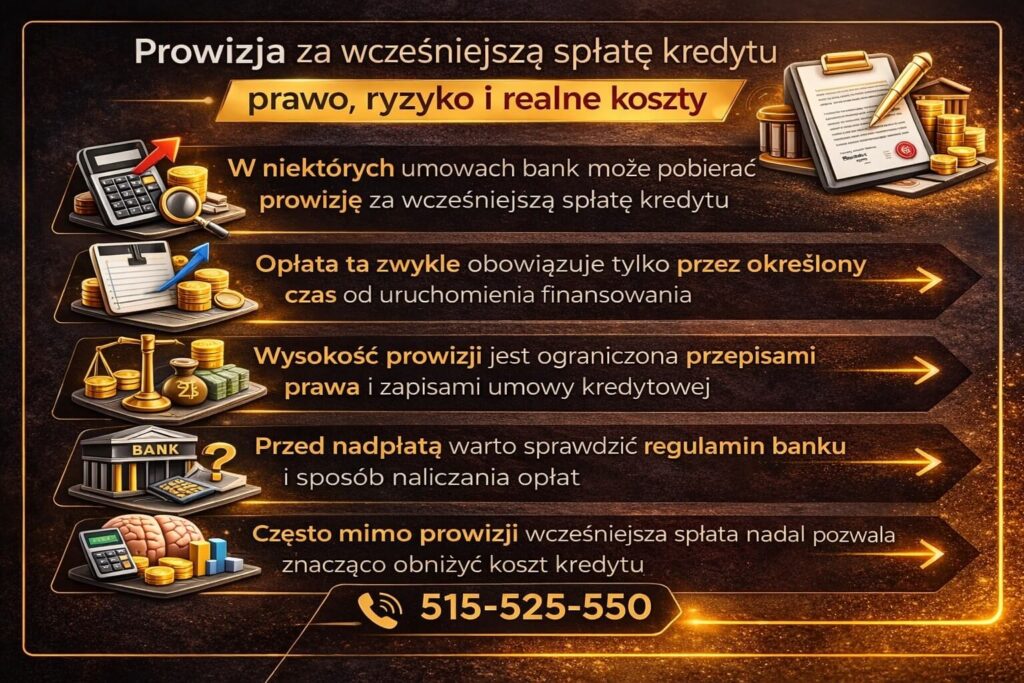Infografika wyjaśniająca zasady wcześniejszej spłaty kredytu hipotecznego i prowizje bankowe. Grafika pokazuje kiedy bank może naliczyć opłatę za wcześniejszą spłatę, jak długo obowiązuje prowizja oraz dlaczego nawet z opłatą nadpłata może znacząco zmniejszyć koszt kredytu.