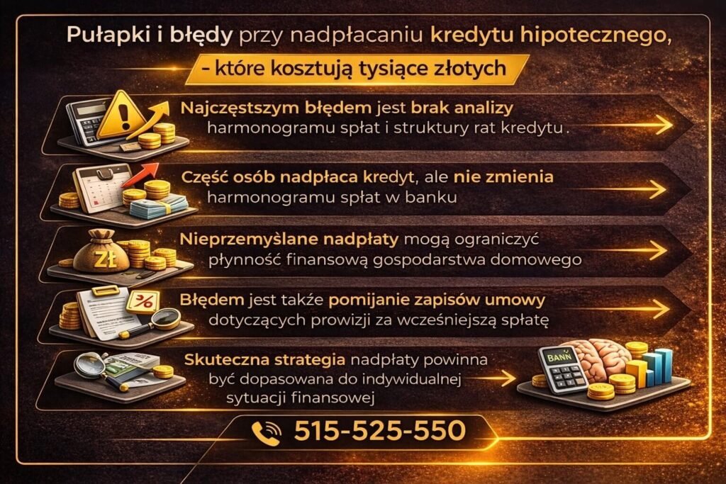Infografika opisująca najczęstsze błędy przy nadpłacaniu kredytu hipotecznego. Grafika pokazuje pułapki takie jak brak analizy harmonogramu spłat, pomijanie zapisów umowy czy nadpłaty bez zmiany harmonogramu w banku, które mogą prowadzić do strat finansowych.
