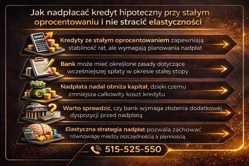 Infografika wyjaśniająca nadpłatę kredytu hipotecznego przy stałym oprocentowaniu. Grafika pokazuje zasady wcześniejszej spłaty w okresie stałej stopy, znaczenie sprawdzenia regulaminu banku oraz strategię nadpłat pozwalającą zachować równowagę między oszczędnością a płynnością.