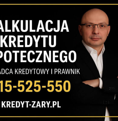 Doradca kredytowy i prawnik prezentuje ofertę kalkulacji kredytu hipotecznego – elegancka grafika w czarno-złotej kolorystyce z pełną ramką, numerem telefonu 515-525-550 i adresem kredyt-zary.pl.