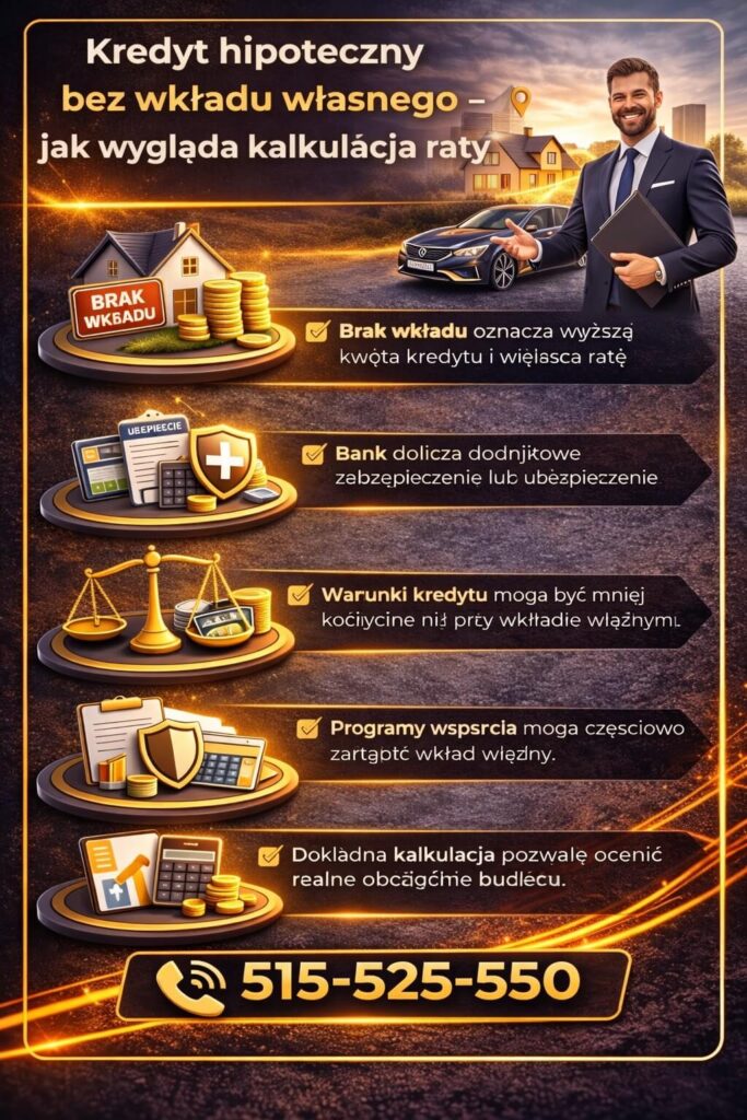 Kalkulacja kredytu hipotecznego bez wkładu własnego pokazuje wpływ braku oszczędności na ratę, koszt finansowania i dodatkowe zabezpieczenia bankowe. Grafika prezentuje kluczowe czynniki, które zwiększają całkowite obciążenie kredytowe klienta.