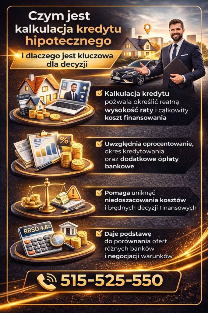 Kalkulacja kredytu hipotecznego wyjaśnia czym jest analiza rat, kosztów i parametrów finansowania. Grafika pokazuje jak uwzględnia oprocentowanie, okres spłaty i opłaty dodatkowe, pomagając podjąć świadomą decyzję kredytową.