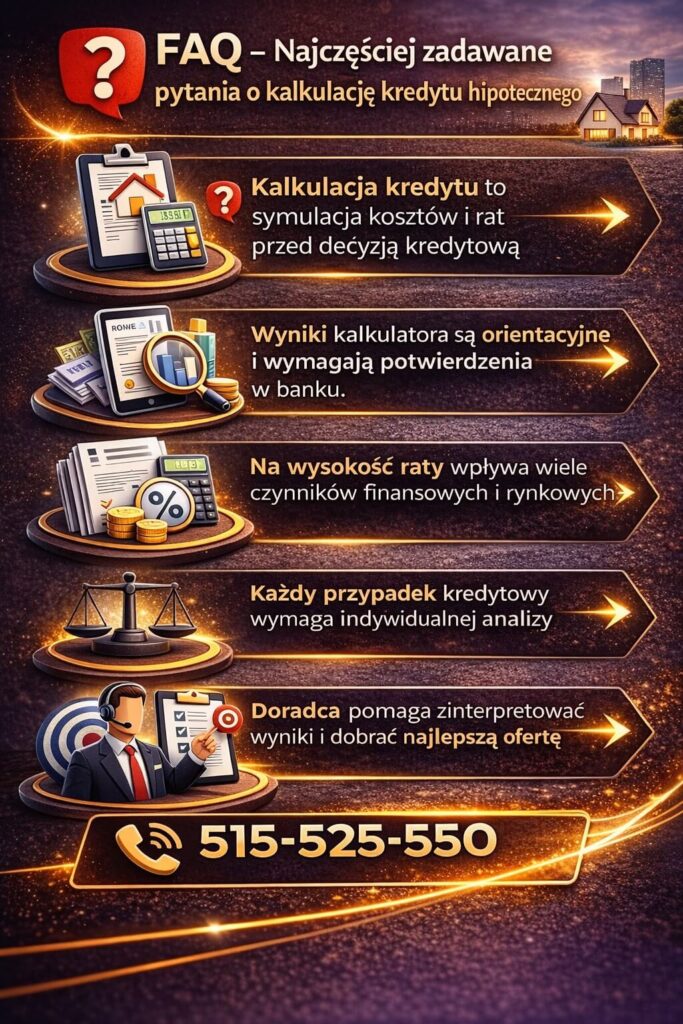 Kalkulacja kredytu hipotecznego w formie FAQ odpowiada na najczęstsze pytania dotyczące symulacji rat i kosztów. Grafika podkreśla orientacyjny charakter wyników, wpływ czynników finansowych oraz znaczenie indywidualnej analizy.